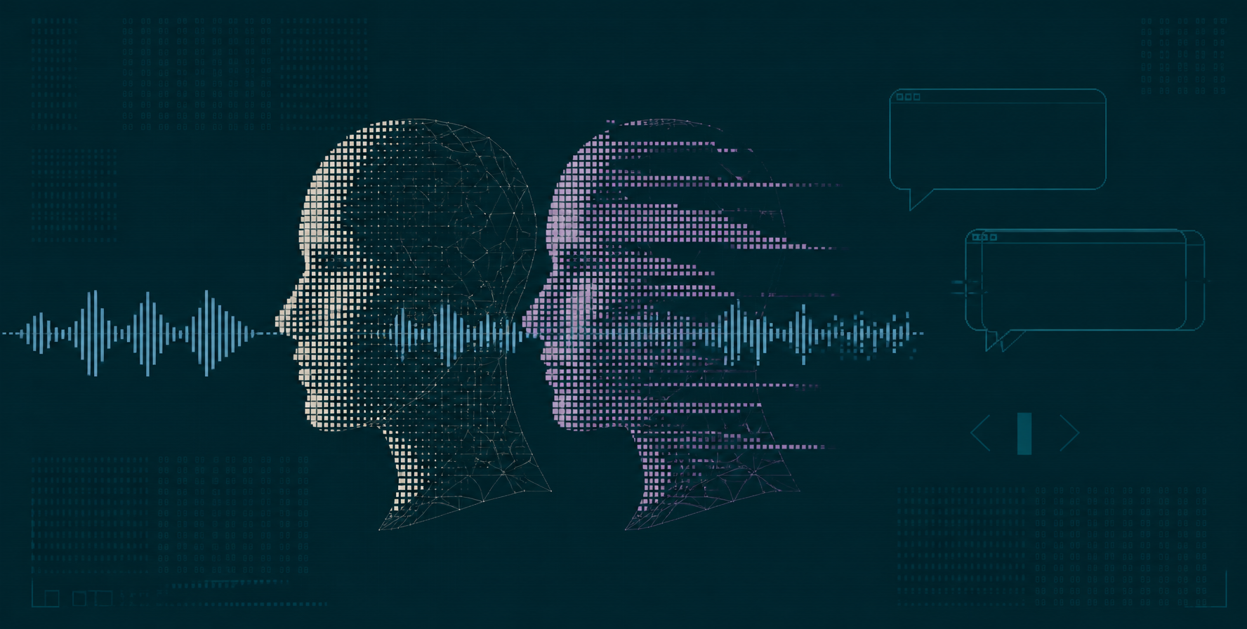 Perfil humano construido con una grilla de píxeles que se duplica en un clon lavanda con glitch, atravesado por una onda de voz que se degrada, junto a ventanas de chat abstractas, una de ellas duplicada.
