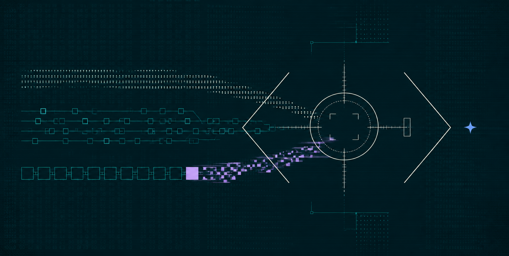 Composición abstracta de estética terminal: flujos de telemetría, una red de nodos y una cadena de bloques de instrucciones convergen hacia una retícula de análisis enmarcada por corchetes angulares; un bloque inyectado en lavanda corrompe la secuencia.
